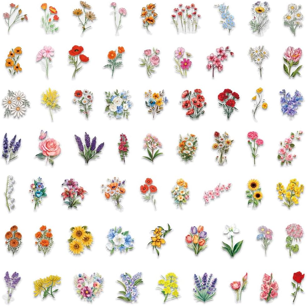 60PCS Floral Botanical Stickers Pack – Waterproof PET Aesthetic Flower Stickers for Journals, Planners, Scrapbooks, Laptops & DIY Craft Decoration