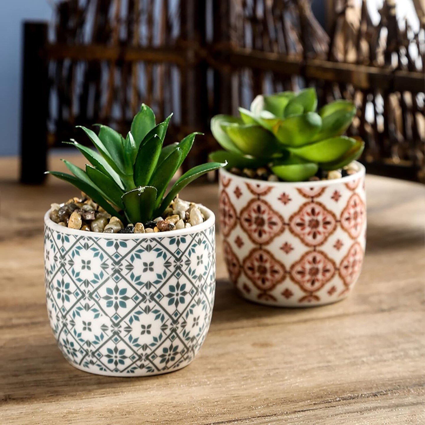 Set of 2 Artificial Succulent Plants in Ceramic Pots – Small Realistic Fake Potted Plants for Home, Office Desk, Bedroom, Living Room, Shelf & Farmhouse Decor