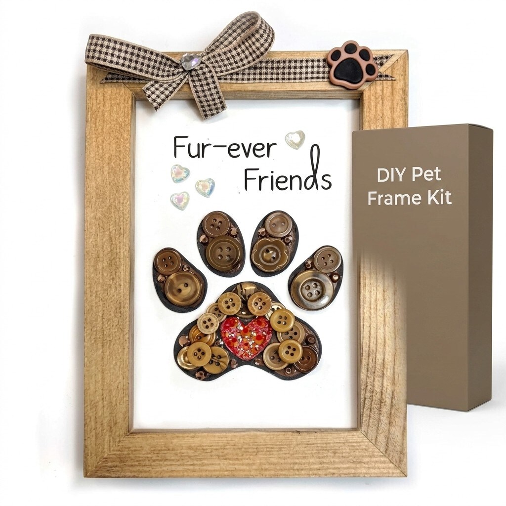 Buttons Galore & More Pet Paw Picture Frame DIY Craft Kit, Natural Wood, Button Art Design, 5x7 Inches, Wall Decor with Ribbon, Ages 6+