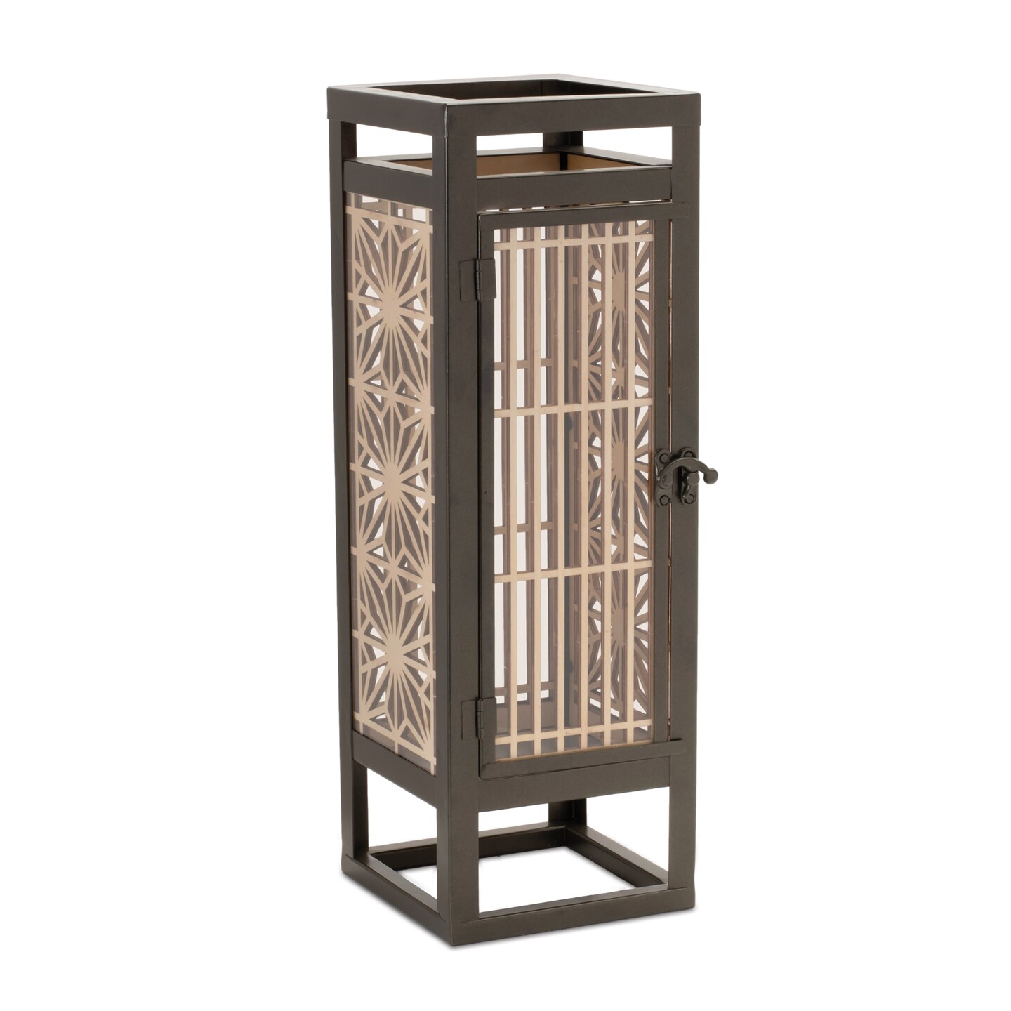 Brown Wood Candle Holder with Iron Frame 15 Inch Geometric Cut Out Design