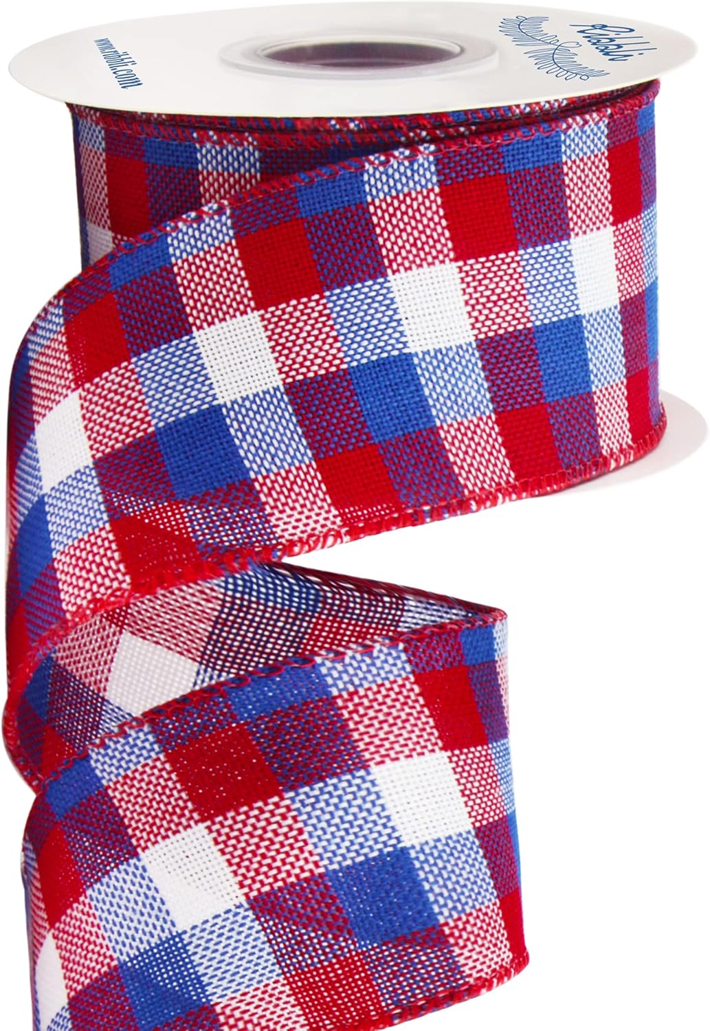 Patriotic Red, White & Blue Check Wired Ribbon – 2.5" x 10 Yards Buffalo Plaid Burlap Ribbon for 4th of July, Big Bows, Wreaths, Tree & Outdoor Decorations