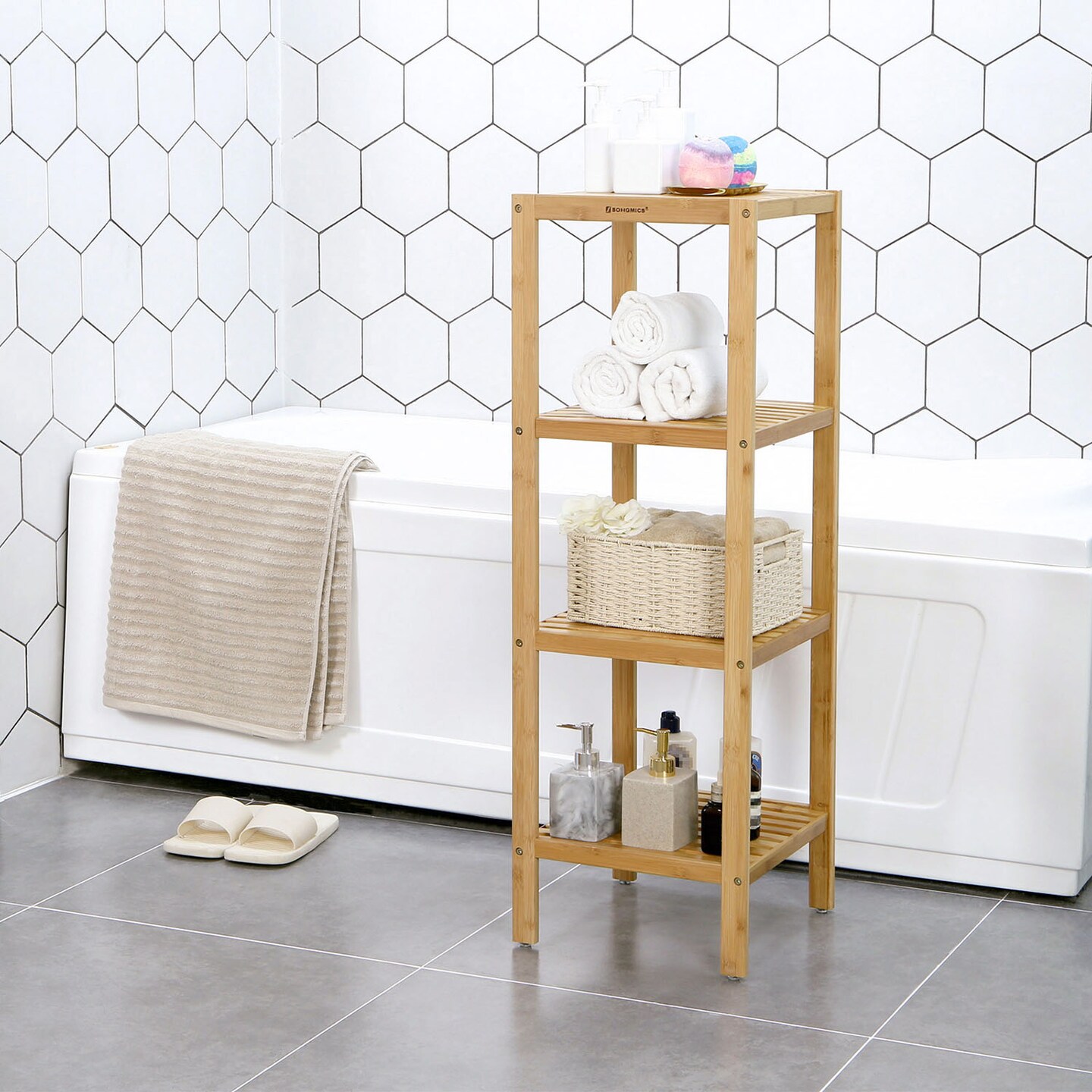4 Tier Wicker Storage Rack Wall Mounted or Freestanding Bathroom Organizer Shelf Adjustable Bathroom Shelf for Towels Toiletries Kitchen Storage Unit