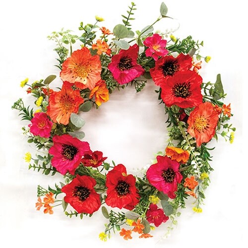 Sunset Poppy Blooms Wreath 24 Inch Floral Door Decor Pink Red Orange Spring Summer