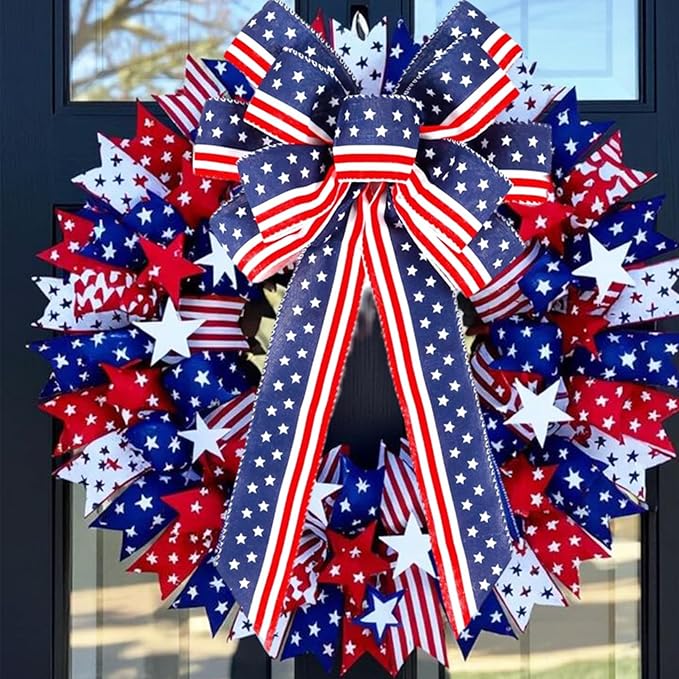 4th of July Patriotic Wreath Bow, Large Red White Blue Stars & Stripes Ribbon for Front Door, Memorial Day, Veterans Day & 250th Anniversary Outdoor Decorations