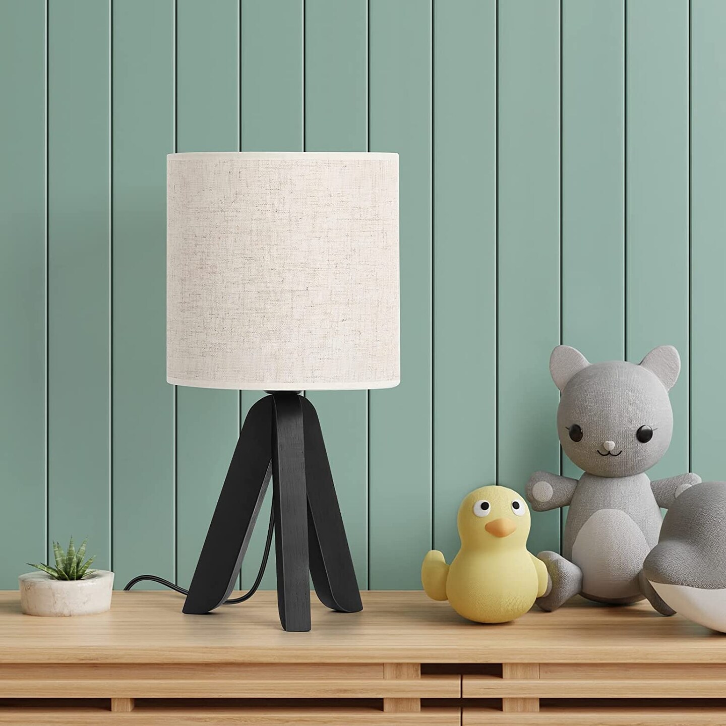 Black Wooden Tripod Table Lamp, E26 Linen Fabric Shade Bedside Night Lamp with 68In UL Long Cord & Inline Switch