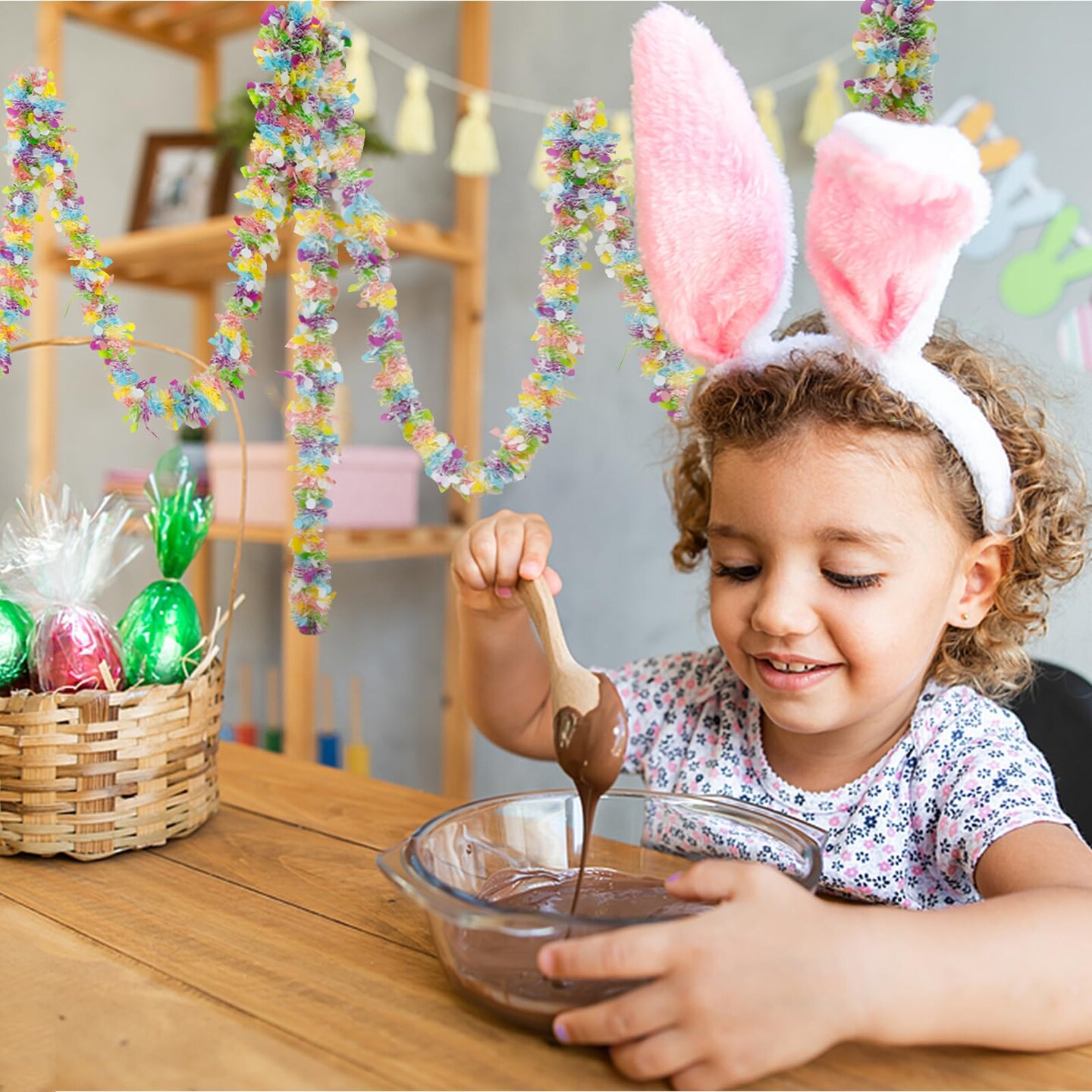 Easter Garland Decor,50Ft Glitter Tinsel Spring Garland Decorations for Tree Mantle Bedroom Office Classroom Party Indoor Outdoor Holiday Home Pink Yellow Blue Green White