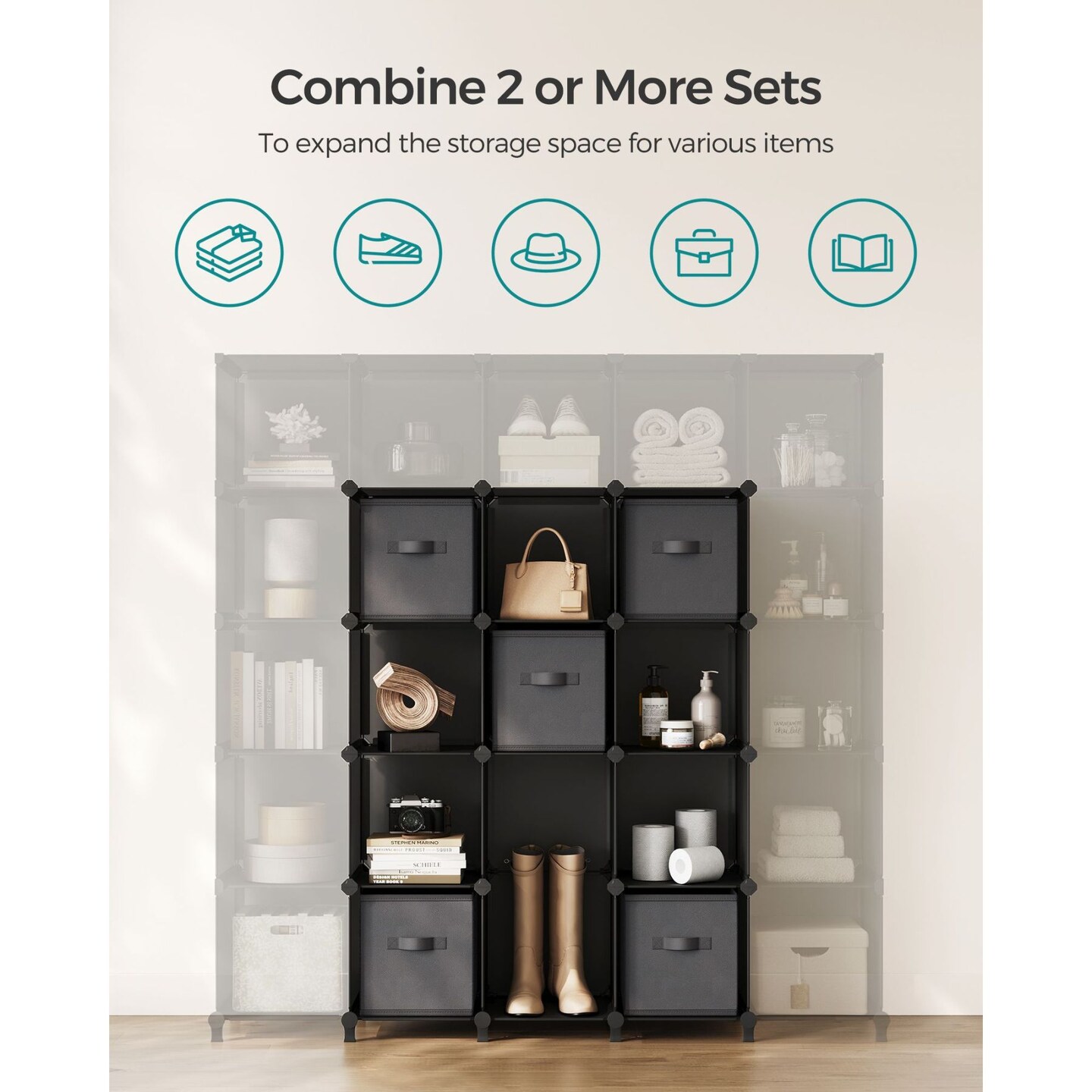 Customizable Interlocking Storage Rack with Metal Frame, Expandable Modular Design for Home Organization, Closet, Room, and Living Space Solutions