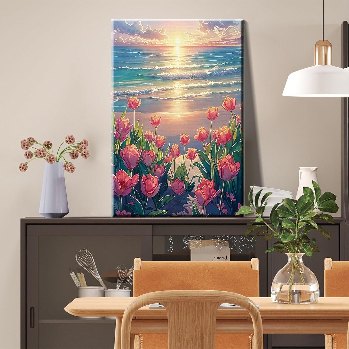 Paint By Number Kits for Adults with Frame & Easel – Floral Tulip Seaside Sunset DIY Acrylic Paint by Numbers Kit on Canvas for Beginners, Home Wall Decor Art Set, 8x12 Inch