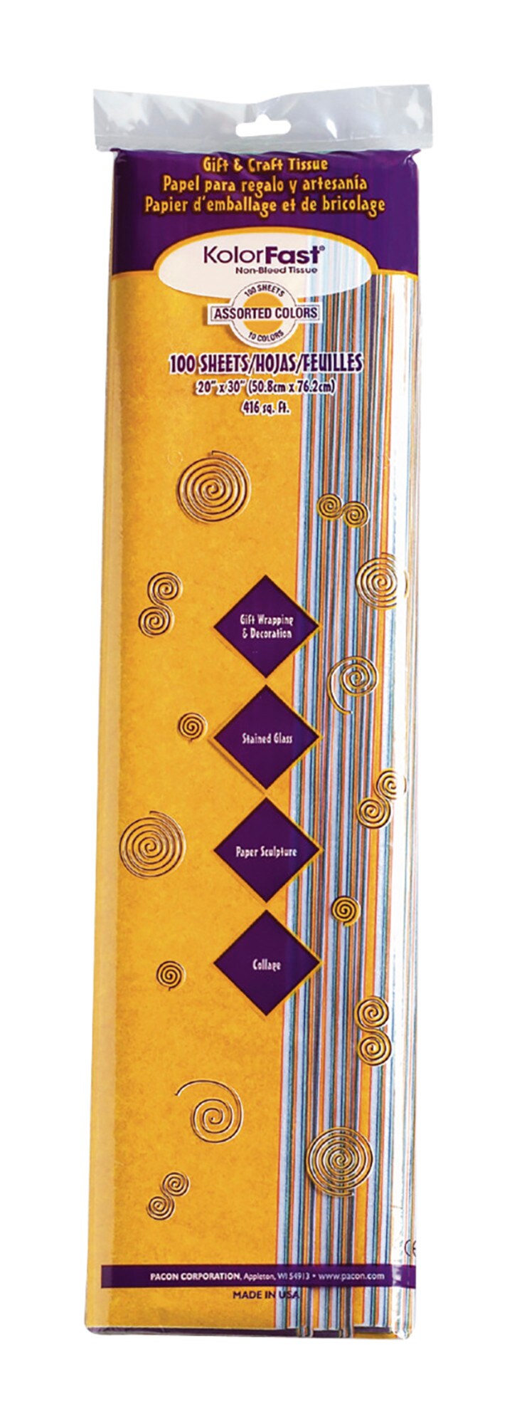 Kolorfast Non-Bleeding Craft Tissue Paper, 20 x 30 Inches, Assorted Colors, Pack of 100