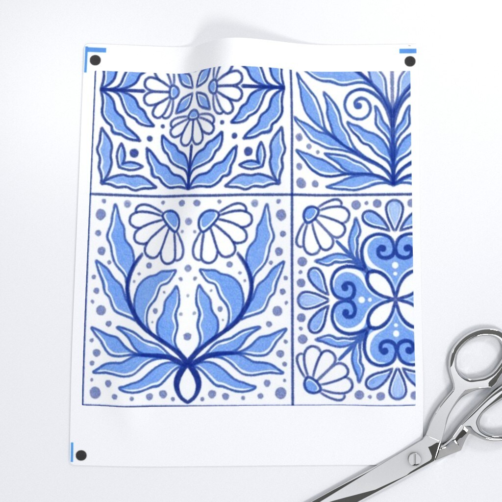Faux Tile Floral Botanical Squares Patchwork Cheater Quilt Scandi Scandinavian Cottagecore Monochrome Blue And White Cottage Garden Daisy Custom Printed Fabric by Spoonflower Various Fabrics by the Yard or Fat Quarter