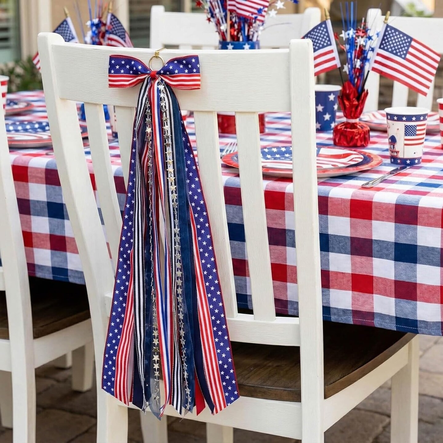 Patriotic Wreath Sash – 27.5" Red, White & Blue 9-Ribbon Bundle with Star Charm, Clip-On Bow for Front Door, 4th of July, Memorial Day & Independence Day Indoor/Outdoor Decor