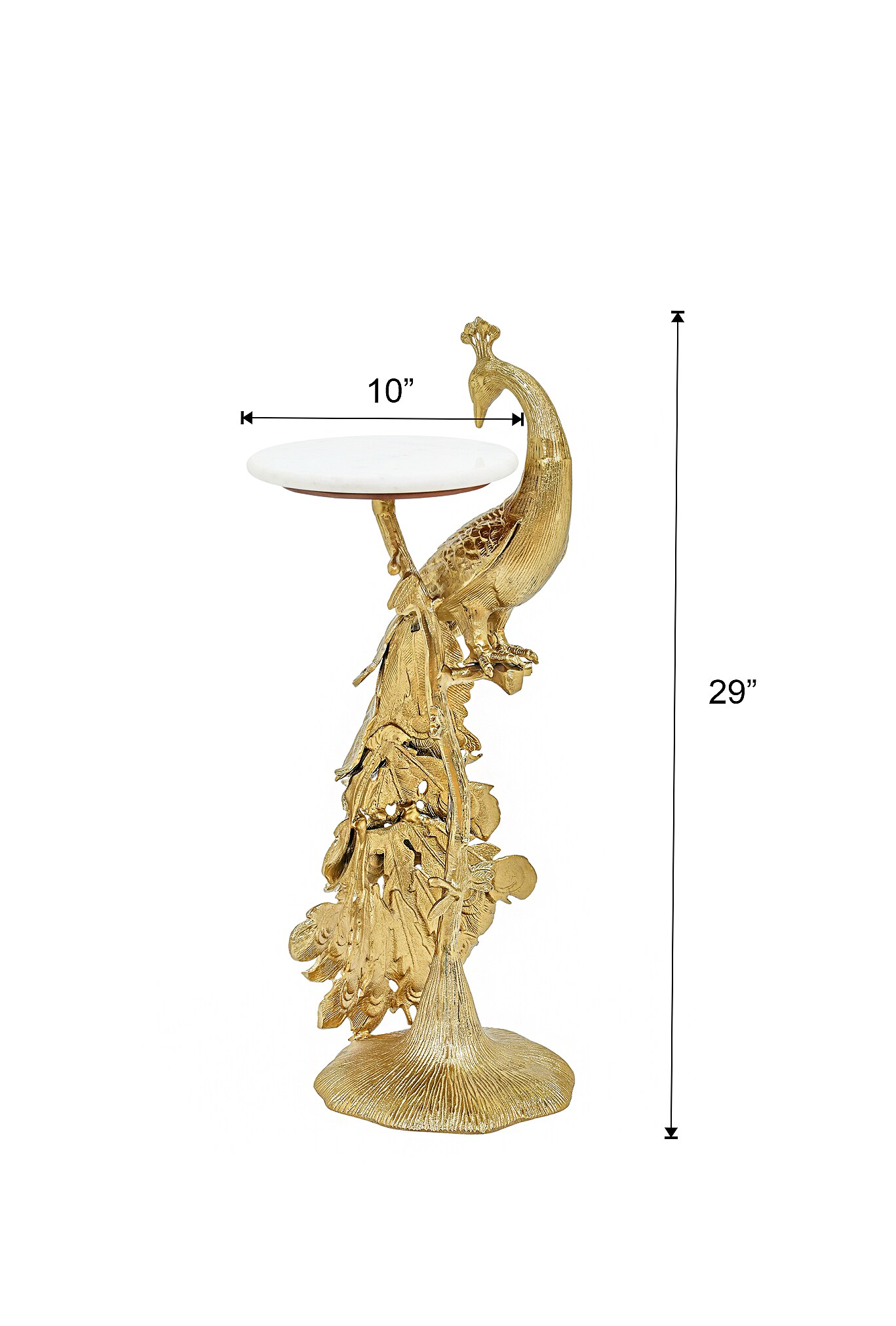 Peacock Side Table with White Marble Top | Decorative Sculptural End Table | Aluminum Base | Gold Accent Table for Living Room | 10x10x29"