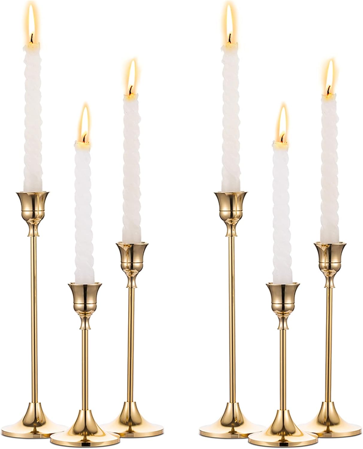 Gold Taper Candle Holders Set of 6 Brass Metal Candlestick Centerpiece Decor