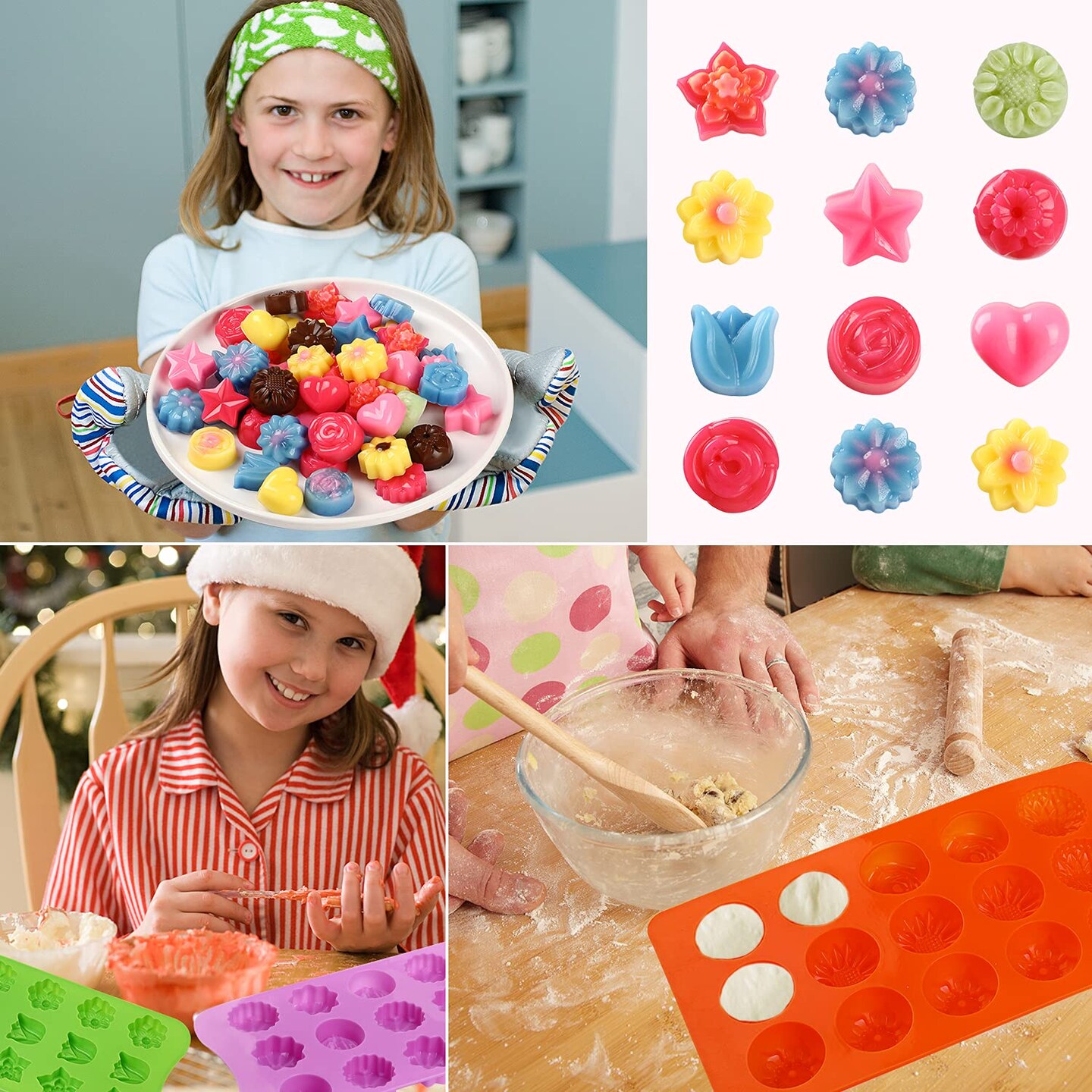 Flower Shape Chocolate Candy Molds Set,Heart,The stars,The rose,Flowers in Combination,15 Cavity Silicone Baking Mold Ice Cube Tray-Wedding,Festival,Parties and DIY Crafts-(6Pcs)