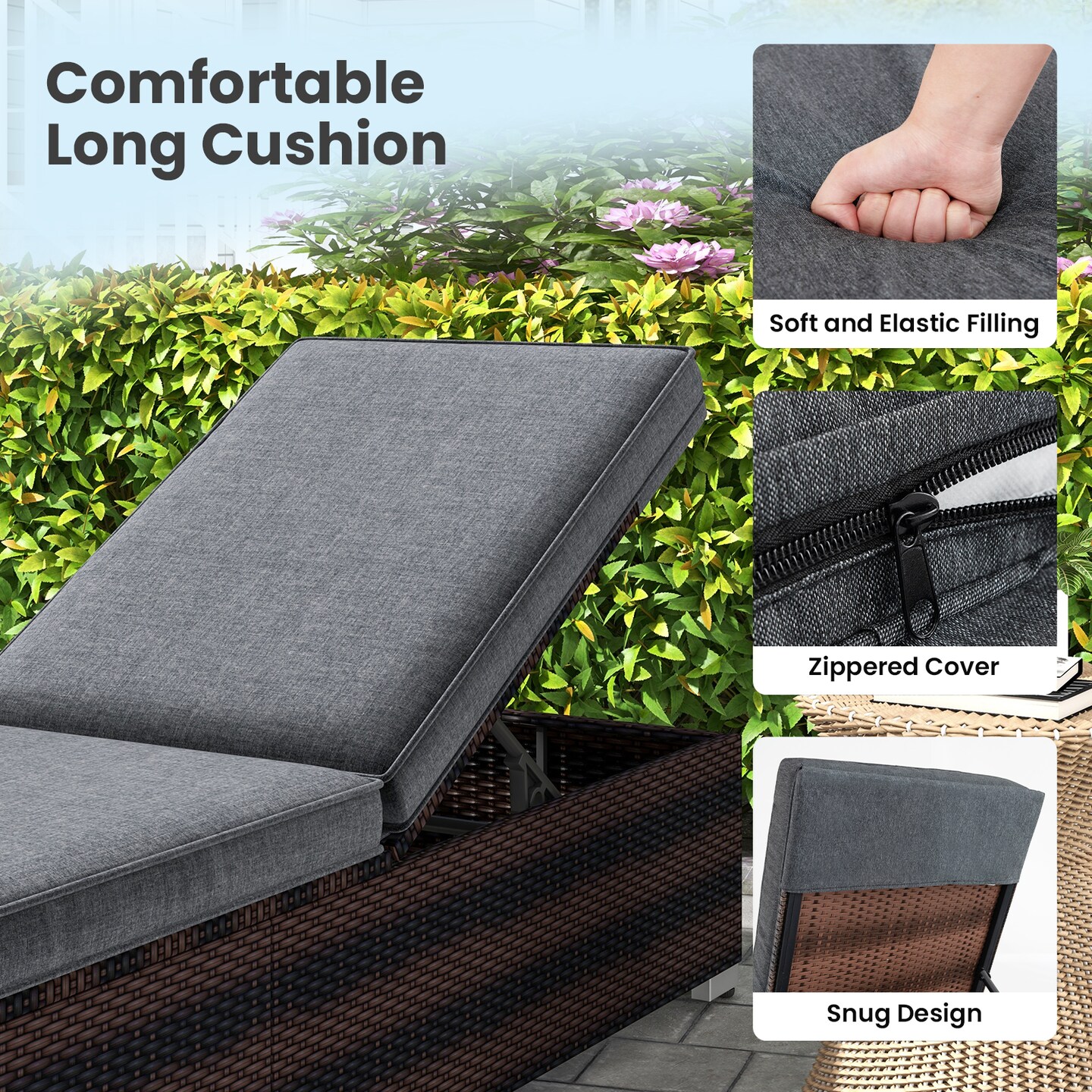 Adjustable Outdoor Lounge Chair Rattan Chaise with Thick Cushion Patio Deck Chair