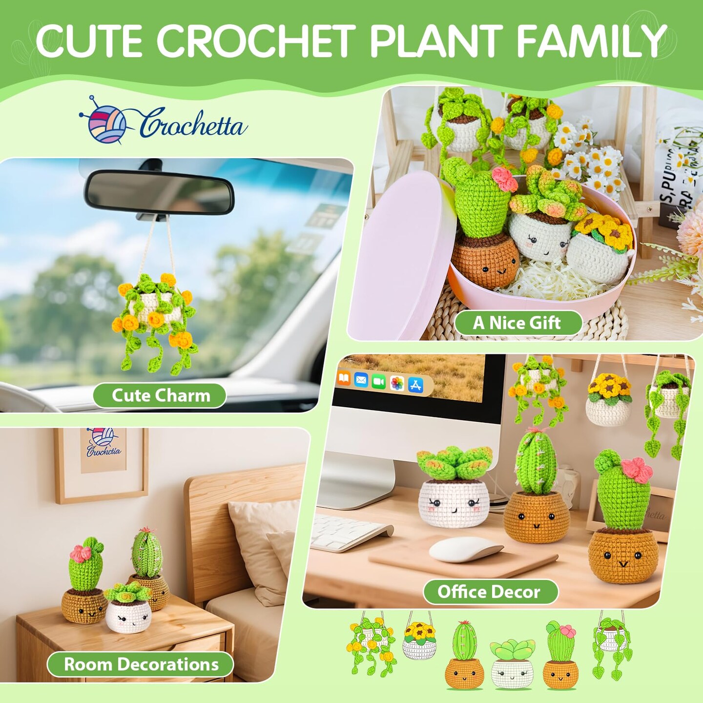 Crochet Kit for Beginners, Crochet Starter Kits for Adults, Amigurumi Craft Knitting Crocheting Kits with Step-by-Step Video Tutorials, 6 Pc Hanging Potted Plants Family(40%+ Yarn