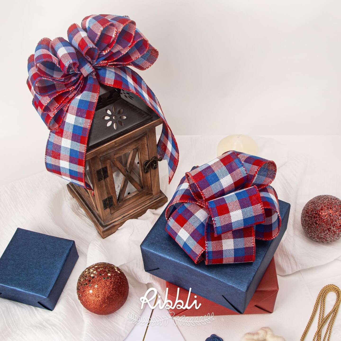 Patriotic Red, White & Blue Check Wired Ribbon – 2.5" x 10 Yards Buffalo Plaid Burlap Ribbon for 4th of July, Big Bows, Wreaths, Tree & Outdoor Decorations