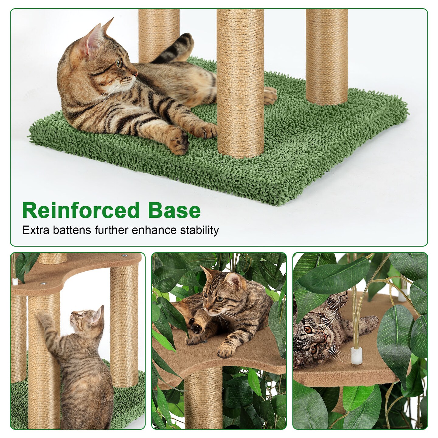 Stable Anti-Tip Indoor Cat Tree Tower, Artificial Foliage Multi-Layer Sisal Cat Scratching Stand with Rest Platforms