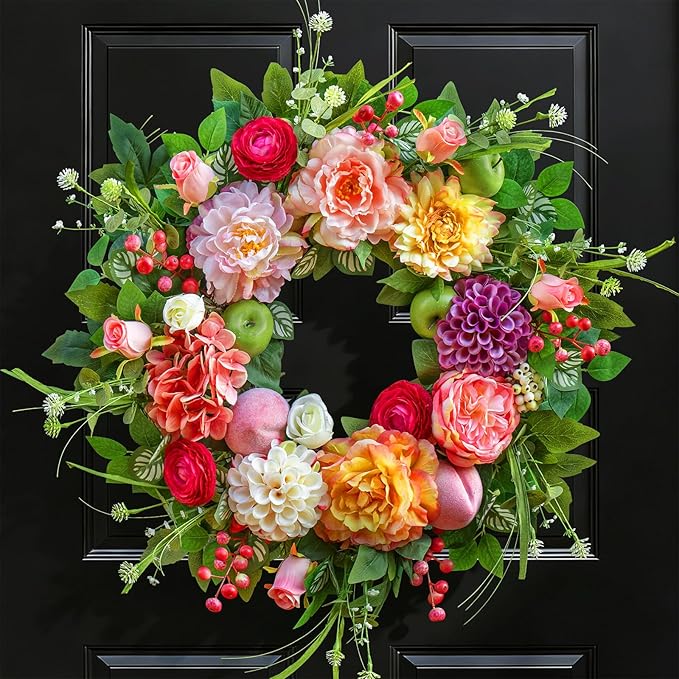 Spring Wreaths for Front Door 24 Inch Lush Summer Flower Wreath with Peonies, Dahlias, Roses, Pink Hydrangeas & Realistic Fruit Accents, Unique Spring Door Wreath for Porch & Entryway Decor