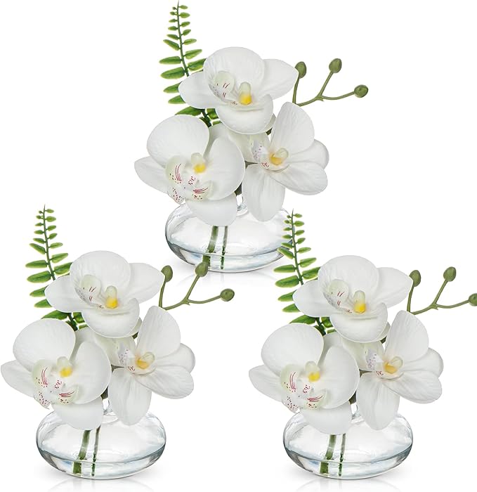White Orchids Artificial Flowers Faux Orchids Arrangement in Clear Glass Vases Set of 3 Real Touch Phalaenopsis Orchid Flowers Small Fake Orchid Centerpiece for Dining Room Table