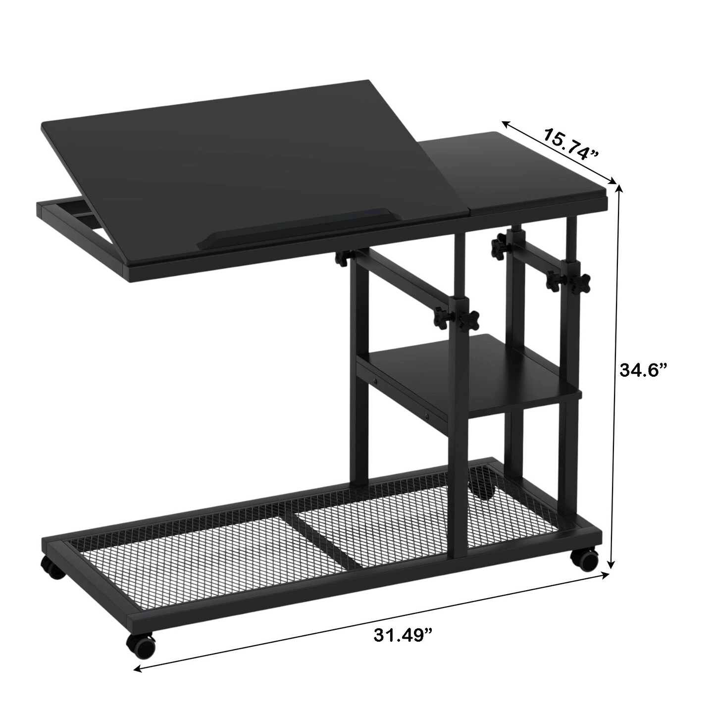 Adjustable Height C Shaped Rolling Table Tilting Top Laptop Snack Side Table with Wheels