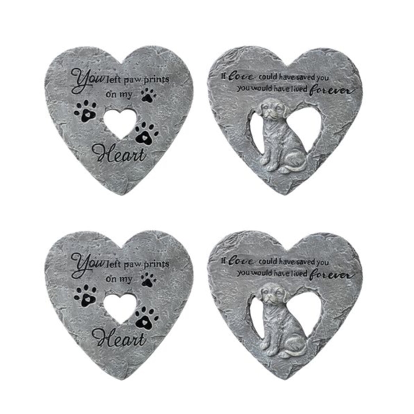 10"D Set of 4 Cement Heart Shaped Paw Prints and Dog Memory Stepping Stones