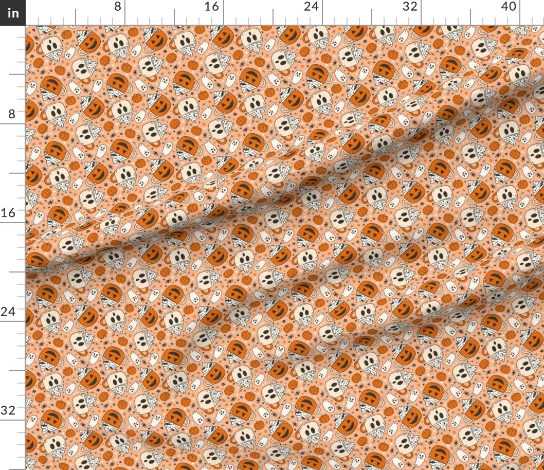Cute Halloween Pumpkin Ghost Mugs Retro Orange Peach White Black Fall Autumn Spooky Latte Ghouls Pumpkin Spice Cups Custom Printed Fabric by Spoonflower Various Fabrics by the Yard or Fat Quarter 15264525