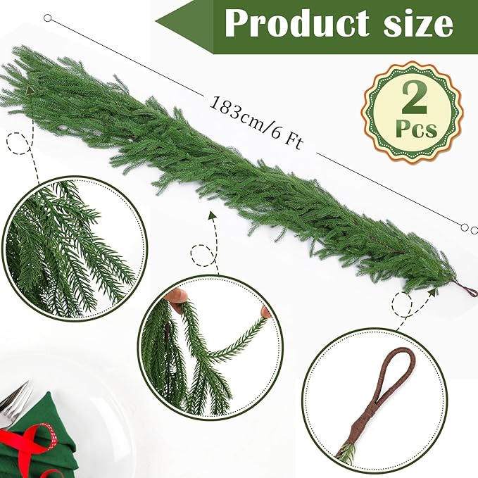 2 Pcs 6 Ft Artificial Norfolk Pine Garlands, Real Touch Winter Pine Garland, Green Artificial Greenery Garland for Table, Mantle, Wall, Indoor, Outdoor Christmas Decorations (2, 6 FT)