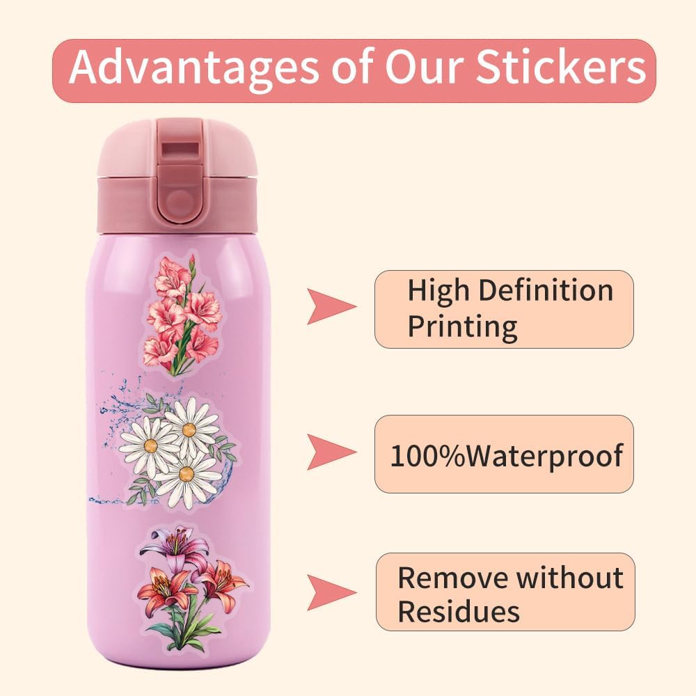 60PCS Floral Botanical Stickers Pack – Waterproof PET Aesthetic Flower Stickers for Journals, Planners, Scrapbooks, Laptops & DIY Craft Decoration