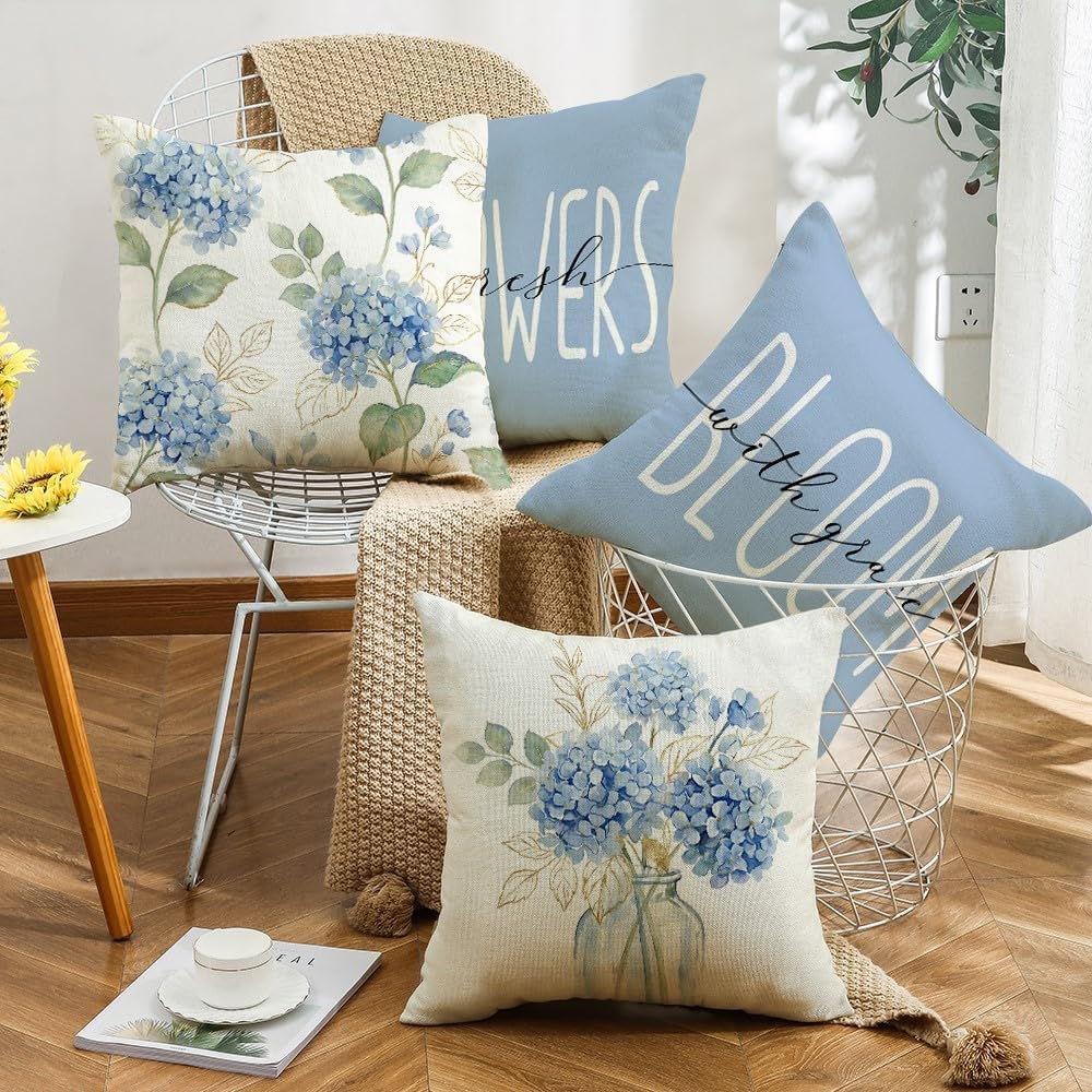 Set of 4 Blue Hydrangea Throw Pillow Covers – 18x18 inch Farmhouse Floral Cushion Cases for Couch, Sofa, Bedroom, Spring & Summer Décor