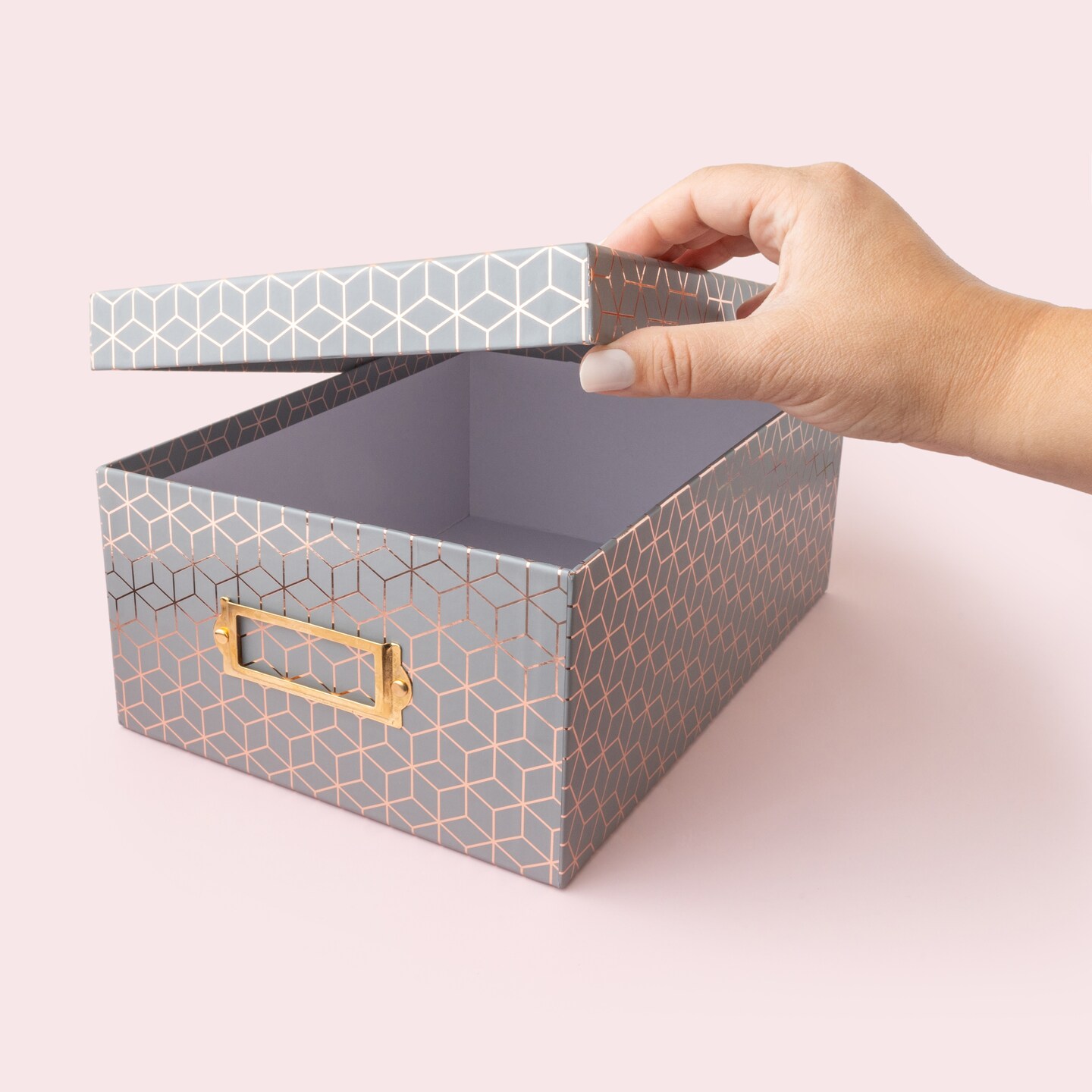 DCWV Gray Geo Photo Storage Box with Rose Gold Foil and Bookplate