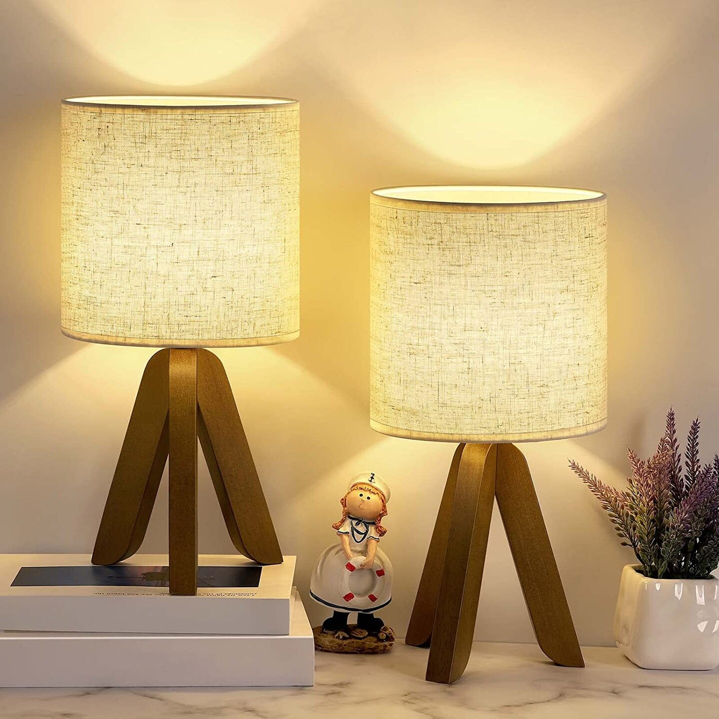 Eye-Friendly Linen Shade Tripod Lamp, Natural Wood Bedside Night Lamp With Inline Push ON/OFF Switch