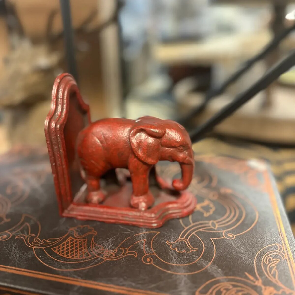 Cast Iron Elephant Bookend Antiqued Red Finish Single Book Holder