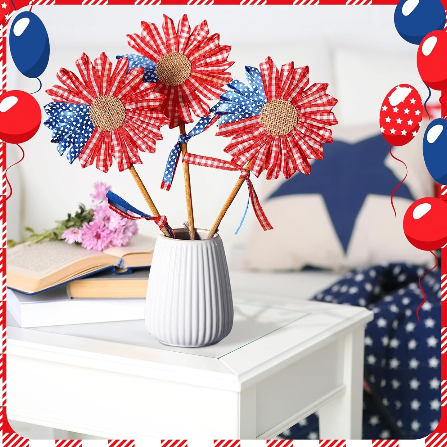 3 Pcs 4th of July Patriotic Flowers, Artificial Independence Day Red White Blue Decor, Fabric Flowers for Table Centerpieces, Party and Memorial Day Decorations