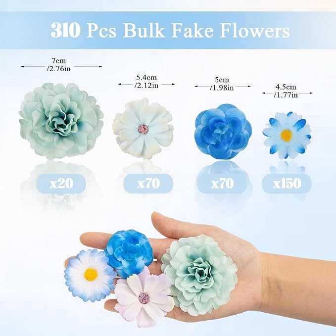 310 Pcs Fake Flower Heads Mini Artificial Flower Bulk Silk Flowers for Decoration Small Faux Flower Heads Fabric Daisy Buds Floral for Crafts DIY Wedding Party Baby Shower Home Decor, Blue