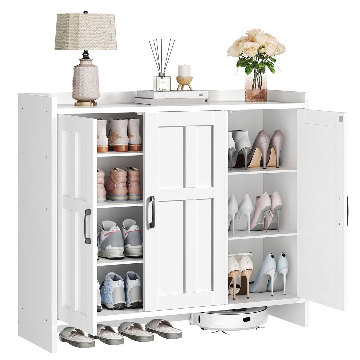 White Wooden Shoe Organizer Cabinet with Vertical Design, 3 Doors
