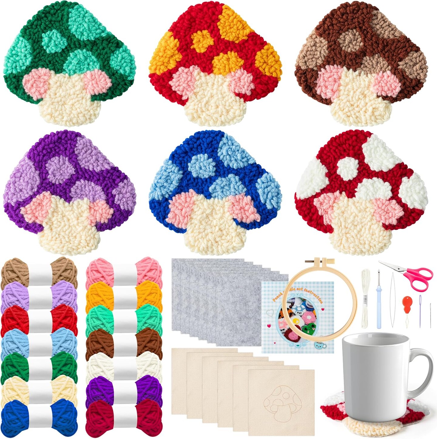 22-Piece Mushroom Punch Needle Coaster Kit – DIY Embroidery Set for ...
