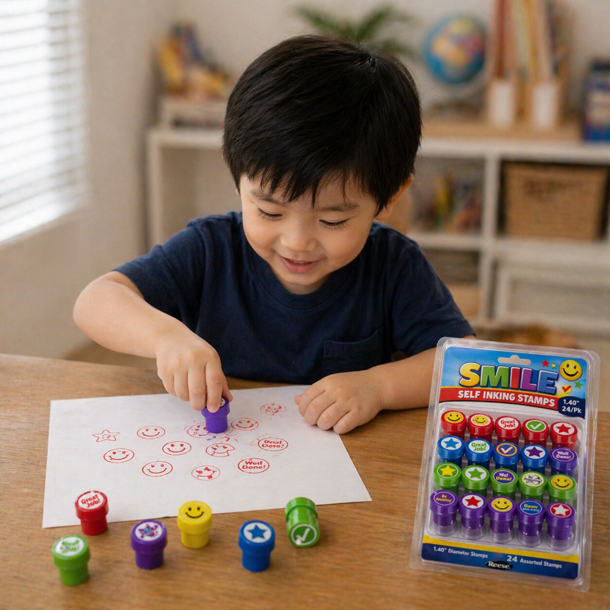 Smile Self Inking Stamps 1.40" – 24 Pack | Teacher Reward & Classroom Grading Stamps