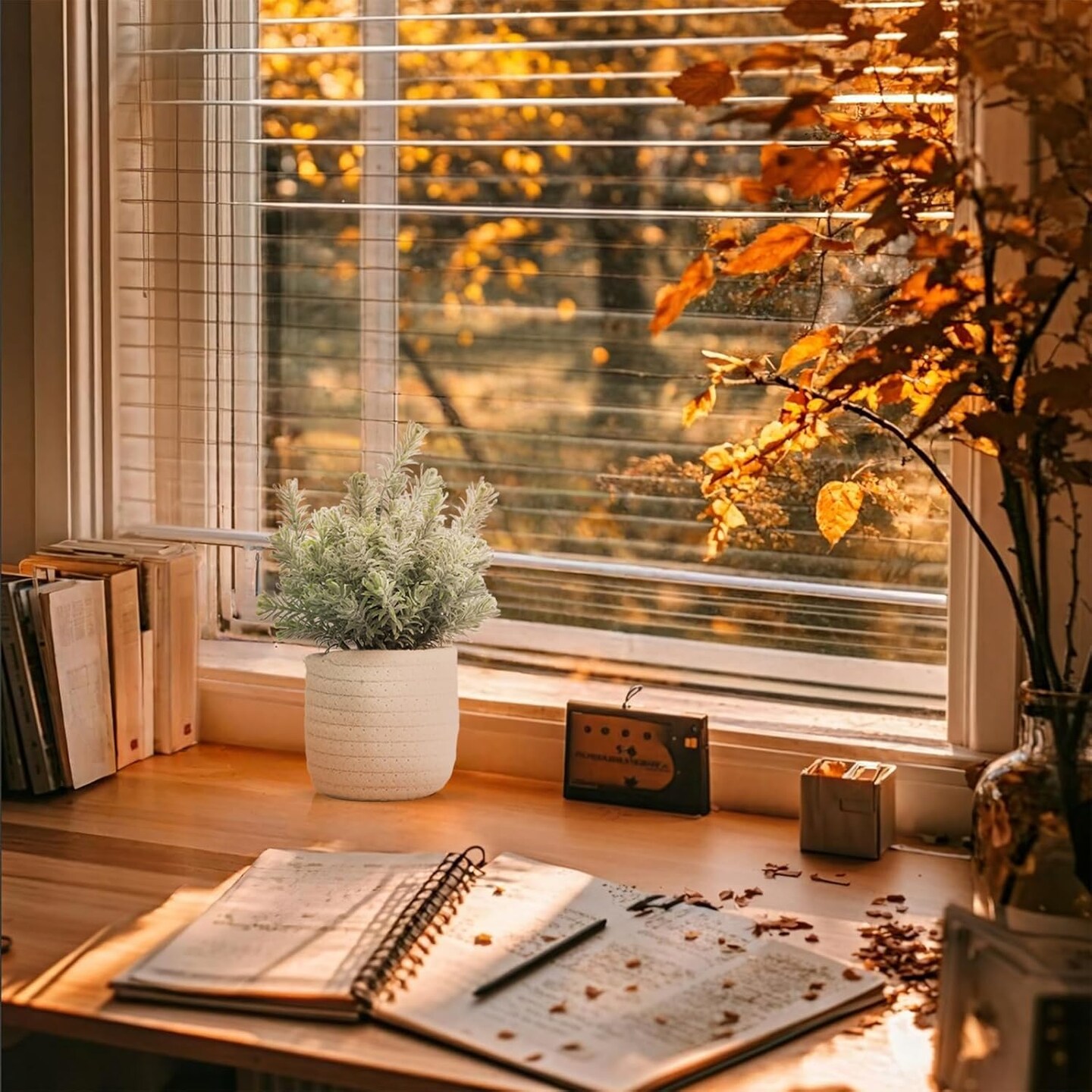 Small Artificial Eucalyptus Potted Plant with White Woven Basket – Faux Greenery Desk & Home Office Farmhouse Decor