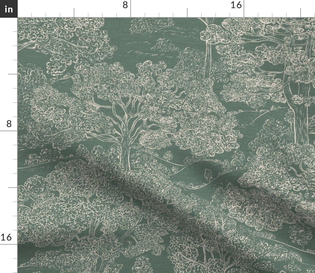 Toile Vintage Forest Woodland Trees Farmhouse Country Cottage Green Landscape Custom Printed Fabric by Spoonflower Various Fabrics by the Yard or Fat Quarter