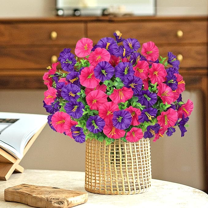 Artificial Purple Petunias Flowers for Outdoors Decoration 9 Bundles Faux Colorful Silk Morning Glory Eucalyptus Plants UV Resistant Fake Greenery Plants for Outside Garden Porch Decor