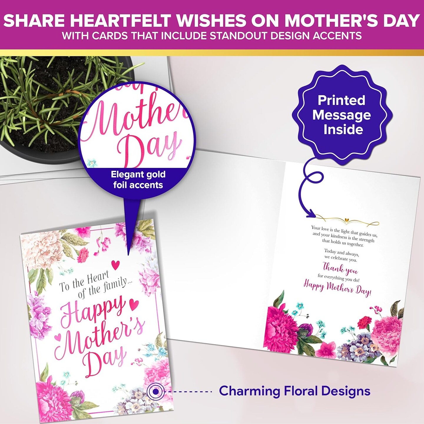 6-Pack Foiled 5x7 in Mother’s Day Cards with Envelopes & Stickers – 3 Elegant Floral Designs, Printed Messages Inside