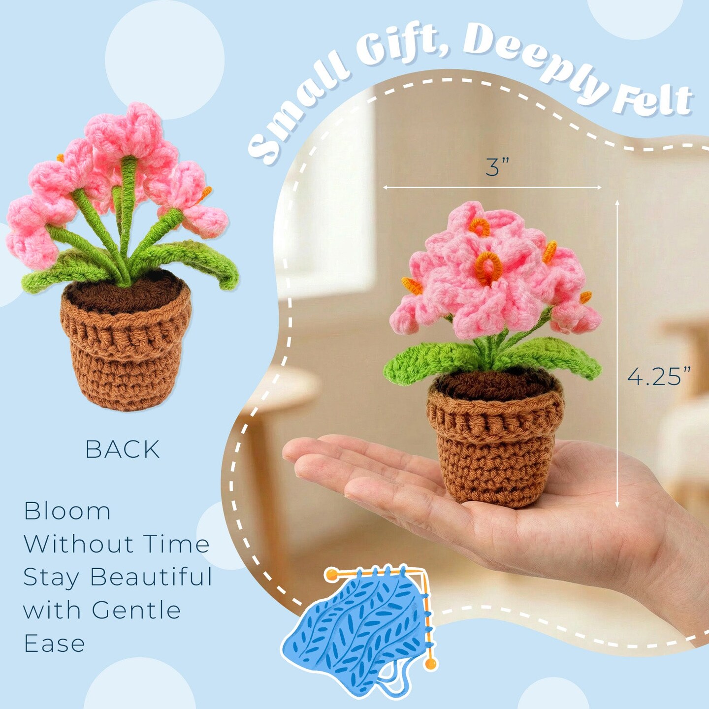 Wrapables Crochet Artificial Flowers, Knitted Potted Plants For Home and Office Decoration, Forget Me Not Pink