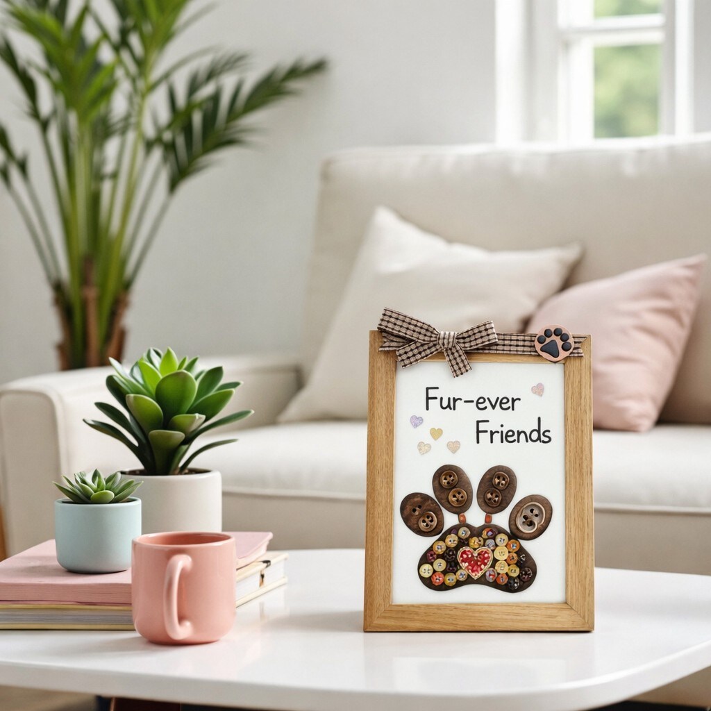 Buttons Galore & More Pet Paw Picture Frame DIY Craft Kit, Natural Wood, Button Art Design, 5x7 Inches, Wall Decor with Ribbon, Ages 6+