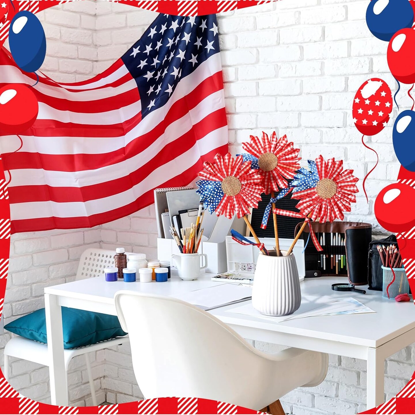 3 Pcs 4th of July Patriotic Flowers, Artificial Independence Day Red White Blue Decor, Fabric Flowers for Table Centerpieces, Party and Memorial Day Decorations