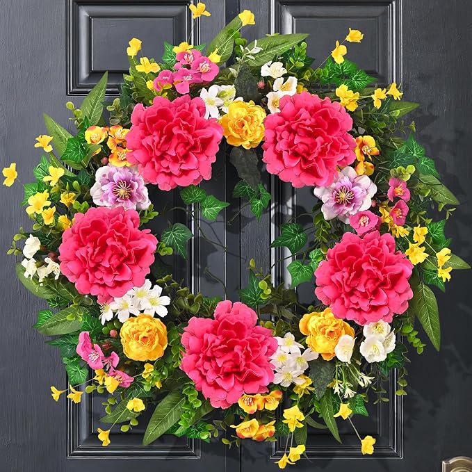 Spring Summer Wreaths for Front Door, 24 Inch Large Spring Summer Door Wreath with Vibrant Peonies Hibiscus Flowers, Spring Wreath for Front Door Farmhouse Porch Wall Window Indoor Outdoor