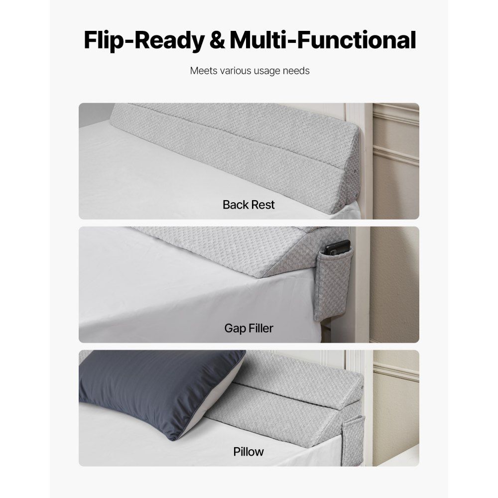 Bed Wedge Pillow Gap Filler for Headboard 60in Foam Cushion with Storage Pocket