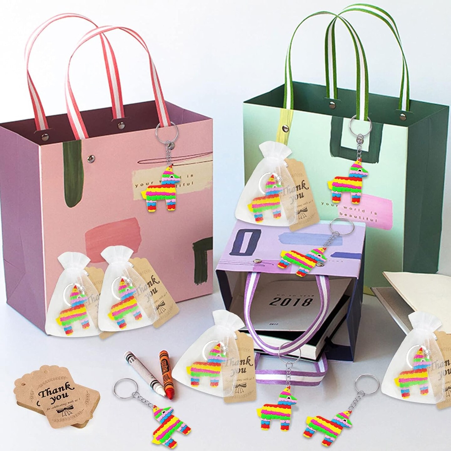 60 Pack Mexico Donkey Party Favor Set – 20 Donkey Keychains, 20 Kraft Thank You Tags & 20 Gift Bags – Mexican Fiesta Cinco de Mayo Birthday & Bachelorette Party Supplies – Perfect for Mother's Day Card Making Displays