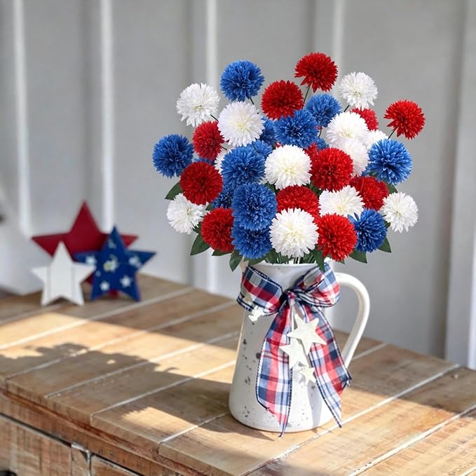 36 PCS Red White and Blue Flowers Artificial Chrysanthemum Patriotic Flowers Fake Mums Memorial Day Flower for 4th of July Decor Patriotic Grave Table Centerpieces Home Decor Indoor Outdoor