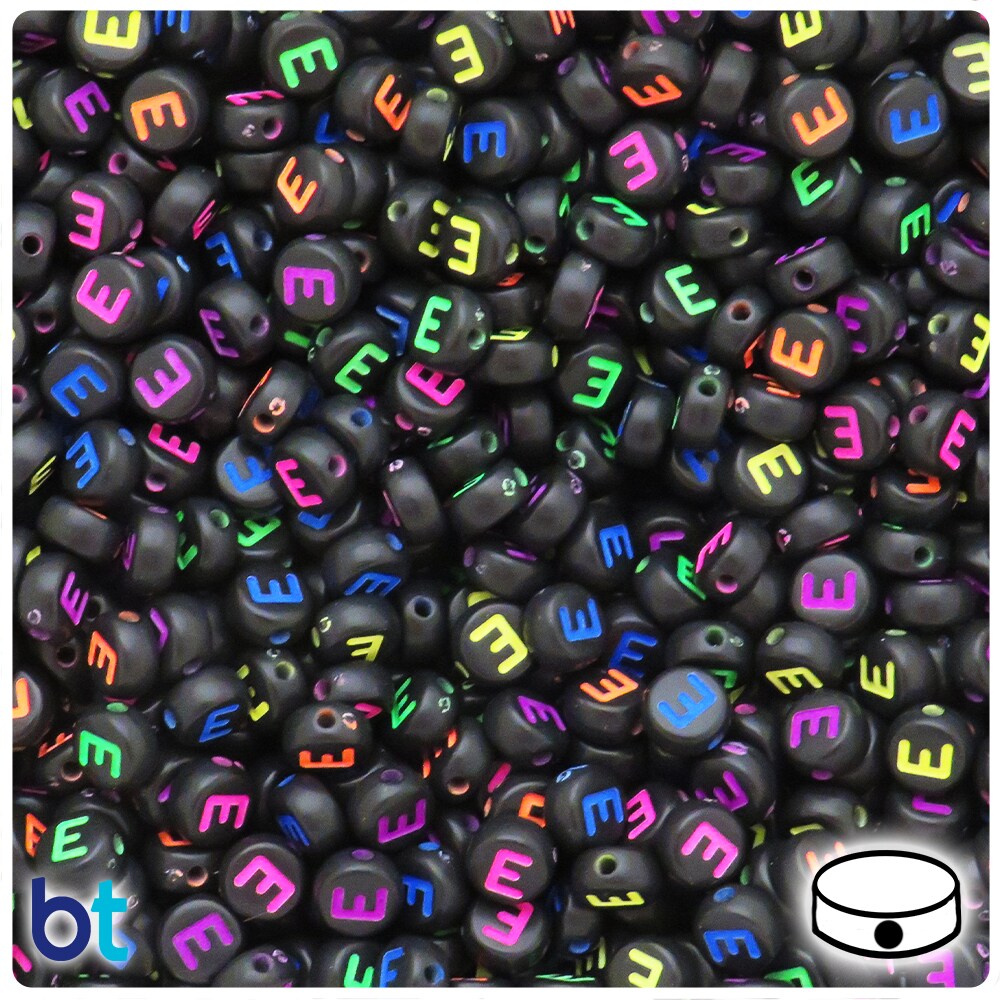 BeadTin Black Opaque 7mm Coin Alpha Beads - Colored Letter E (100pcs)